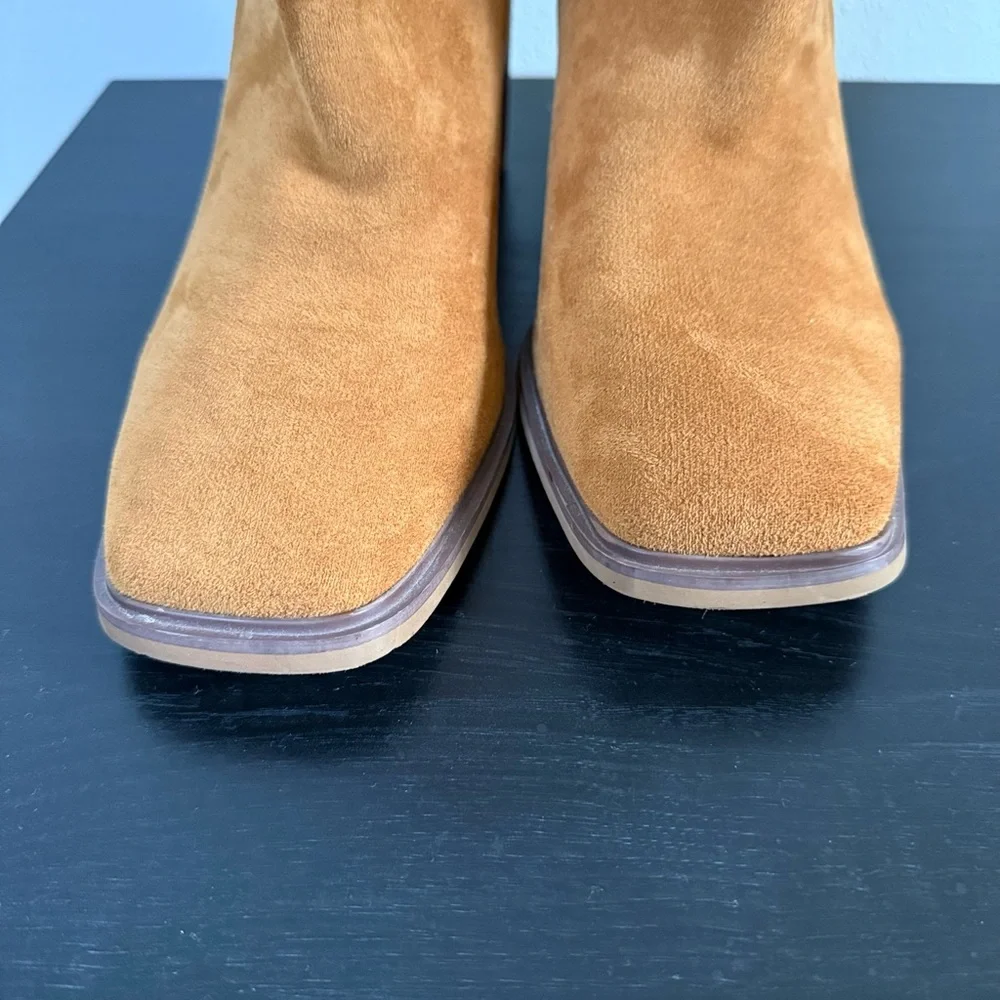 Camel Faux Suede Perforated Ankle Boots Stacked Heel Size 10
